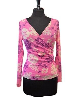 Vintage Y2K Sweet Pea Mesh Pink Floral Wrap Long Sleeve Top 2000s